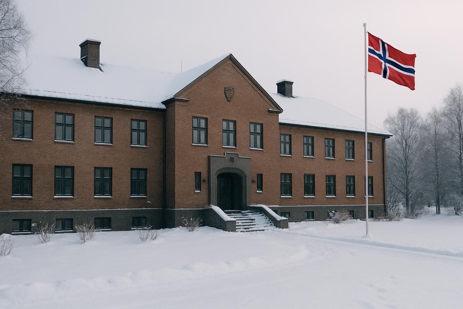 Een Noors legergebouw in de winter, met een Noorse vlag