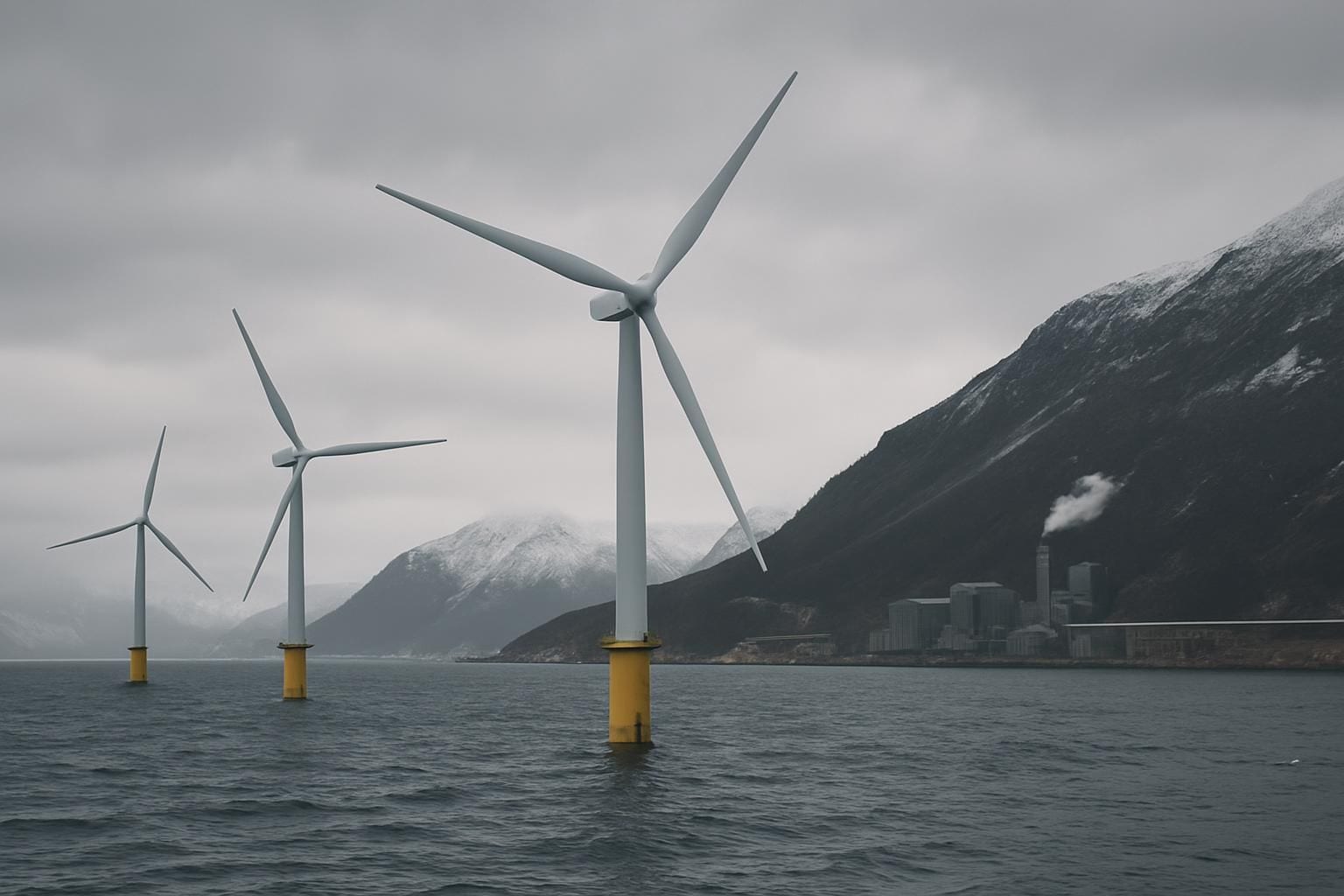 Offshore windturbines en een koolstofafvanginstallatie langs de Noorse kust
