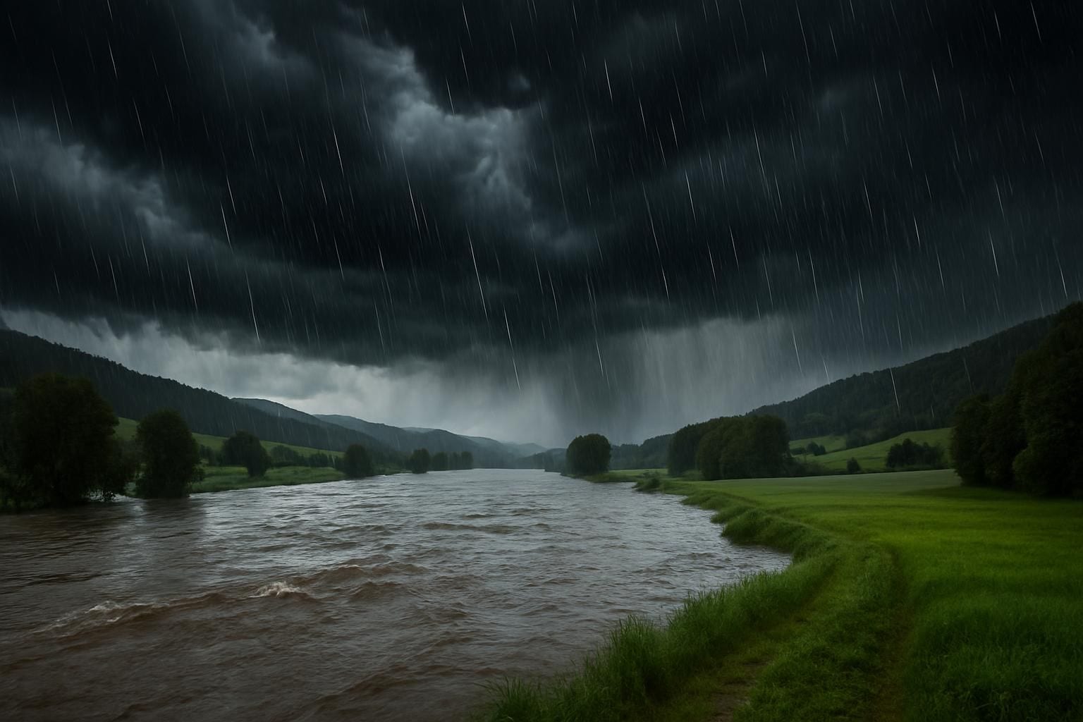 Donkere stormwolken en zware regen boven een rivier die buiten zijn oevers treedt in Noorwegen